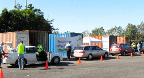 Residents line up to unload their unwanted electronic equipment during the first e-waste recycling weekend at Coffs Harbour. Residents line up to unload their unwanted electronic equipment during the first e-waste recycling weekend at Coffs Harbour.